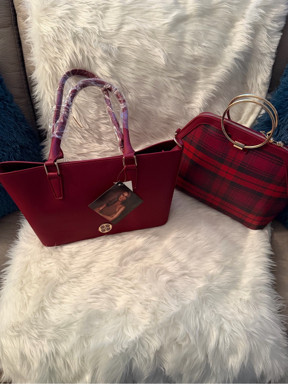 Burgundy Tote with Red Plaid Satchel Set